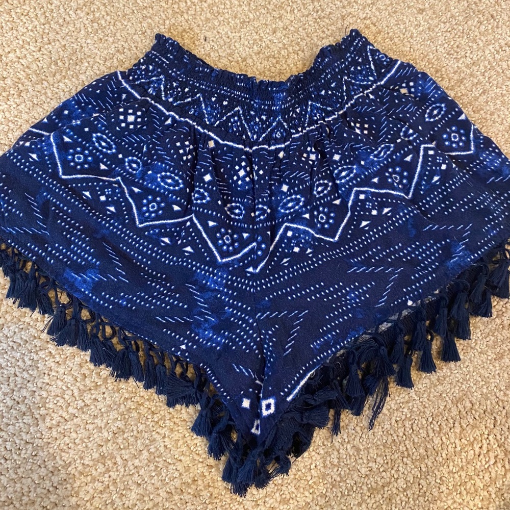 Navy patterned tassel shorts